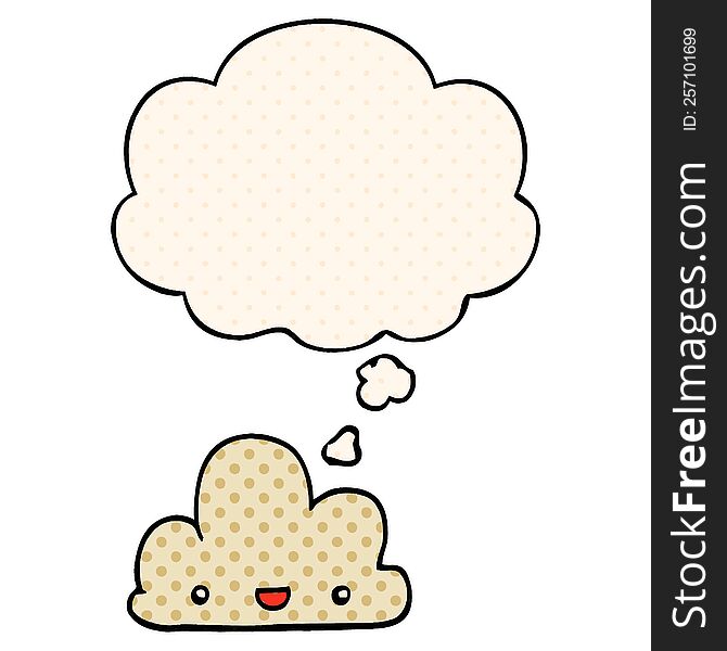cartoon tiny happy cloud with thought bubble in comic book style