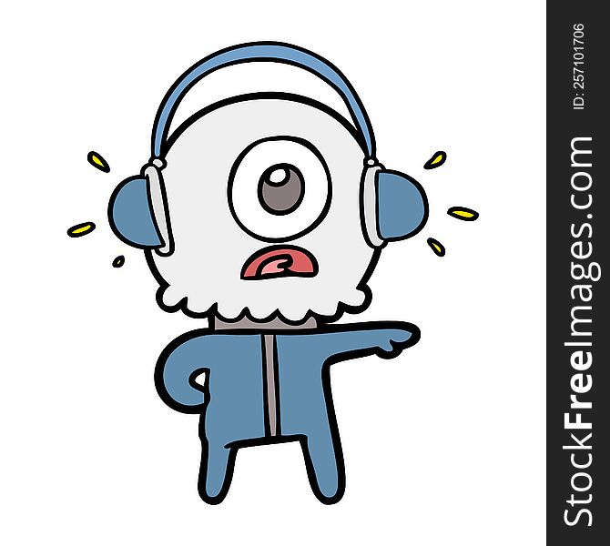 cartoon cyclops alien spaceman listening to music. cartoon cyclops alien spaceman listening to music