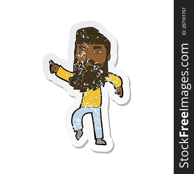 Retro Distressed Sticker Of A Cartoon Bearded Man Pointing The Way