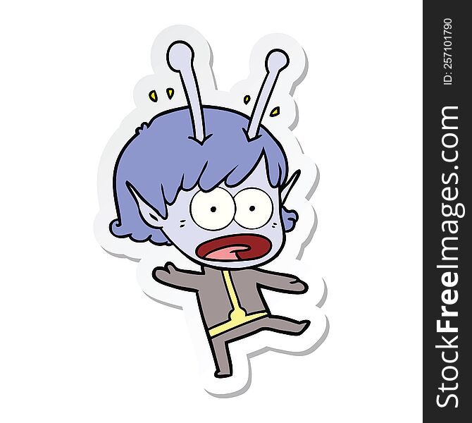 sticker of a cartoon shocked alien girl