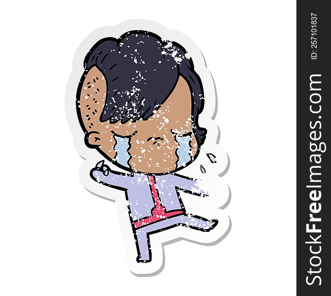 Distressed Sticker Of A Cartoon Crying Girl Wearing Space Clothes