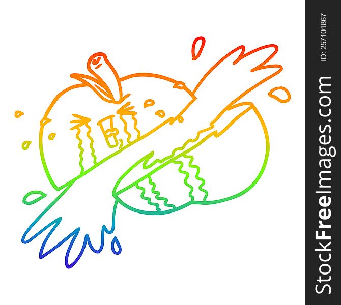 rainbow gradient line drawing of a cartoon sliced apple