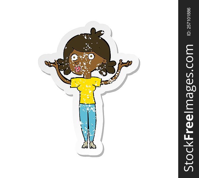 retro distressed sticker of a cartoon woman throwing arms in air