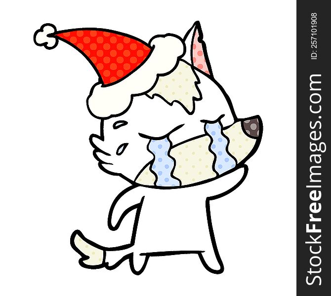 Comic Book Style Illustration Of A Crying Wolf Wearing Santa Hat