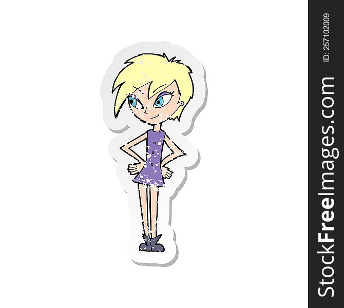 Retro Distressed Sticker Of A Cartoon Girl With Hands On Hips