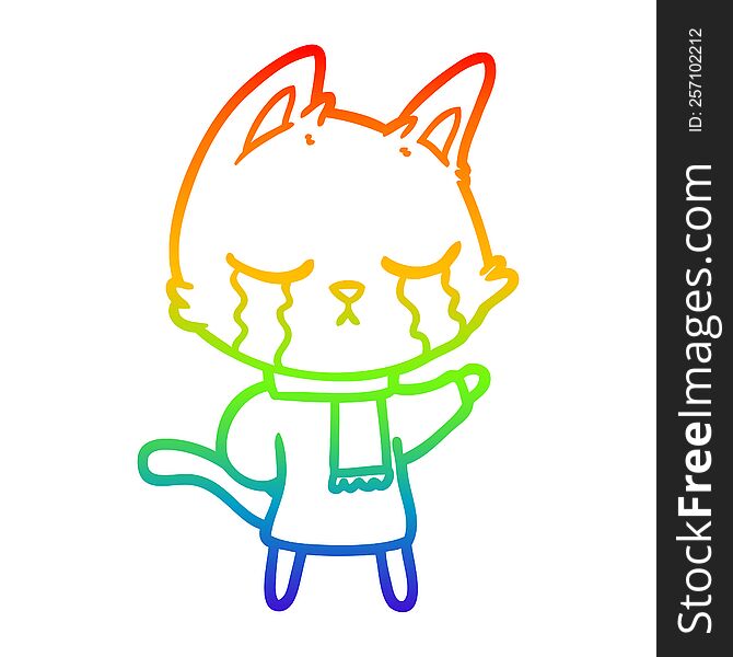 rainbow gradient line drawing of a crying cartoon cat wearing winter clothes