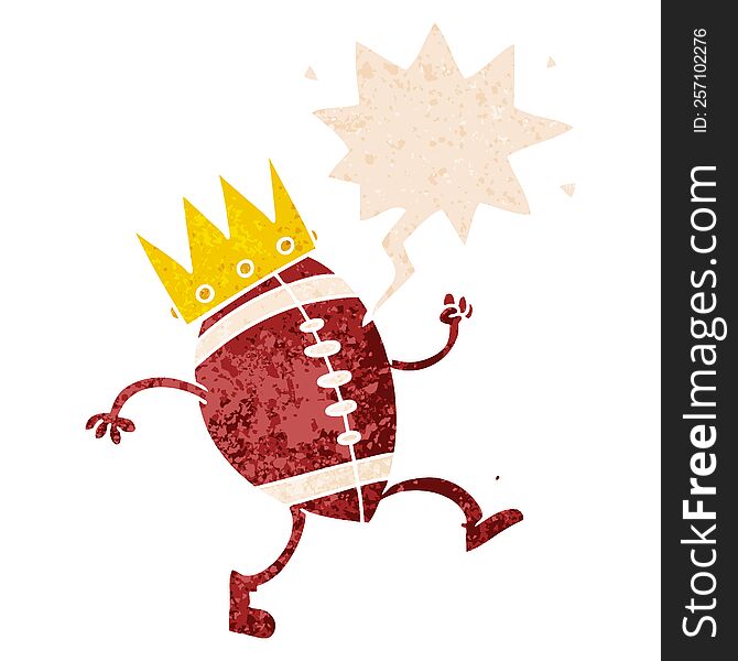 Football With Crown Cartoon  And Speech Bubble In Retro Textured Style