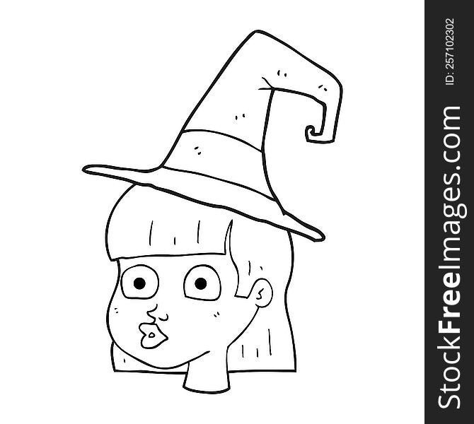 freehand drawn black and white cartoon witch