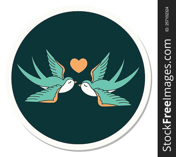 sticker of tattoo in traditional style of swallows and a heart. sticker of tattoo in traditional style of swallows and a heart