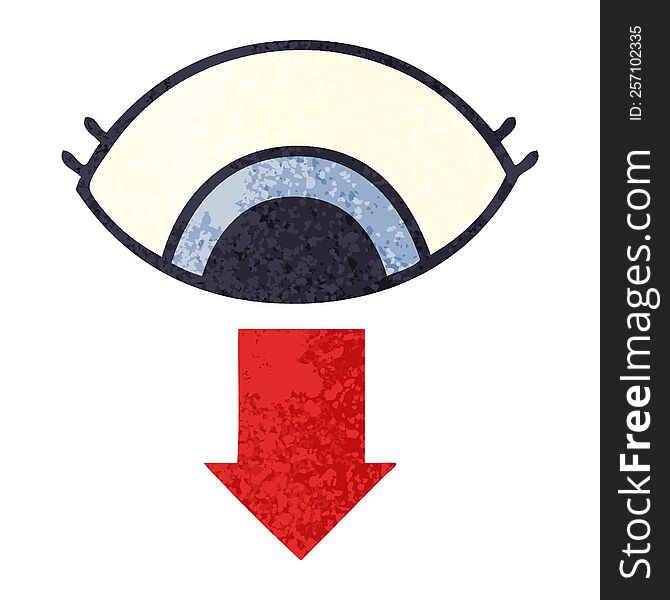 retro illustration style cartoon of a eye pointing down
