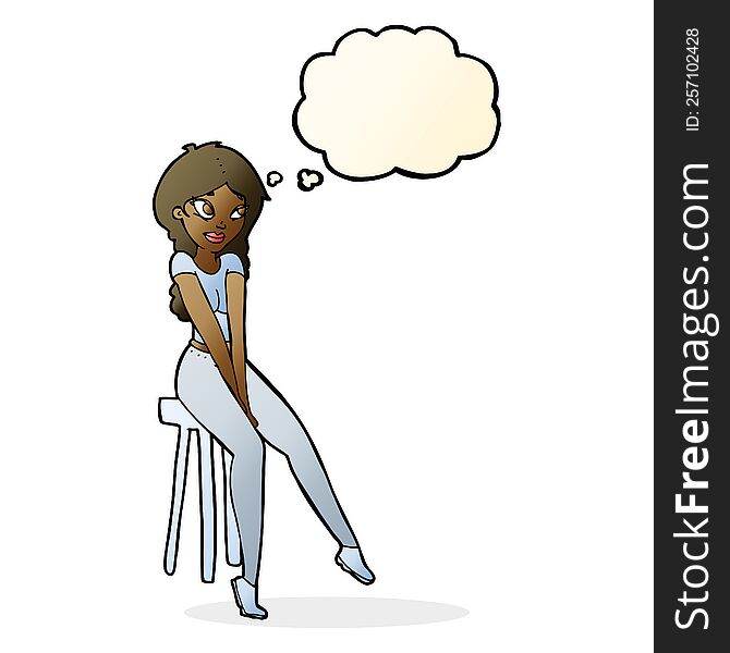 cartoon pretty girl on stool with thought bubble