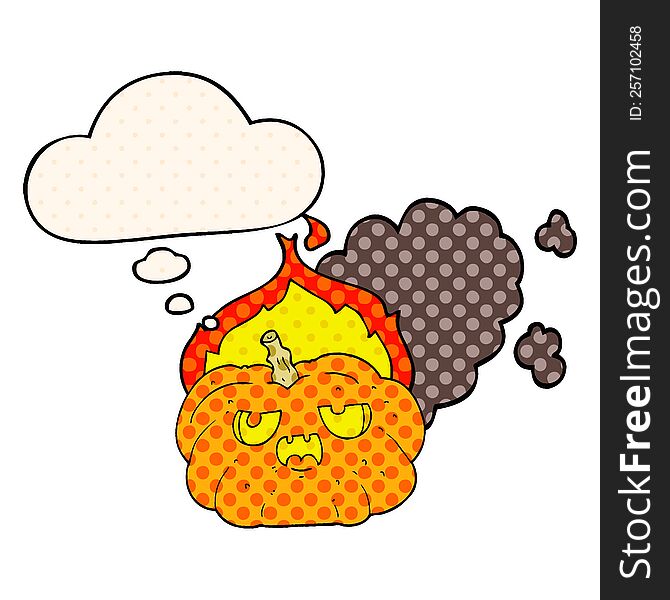 Cartoon Flaming Halloween Pumpkin And Thought Bubble In Comic Book Style