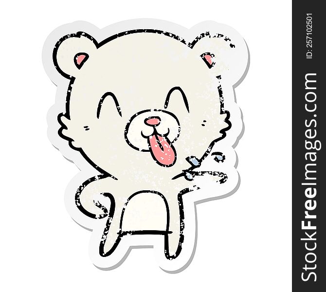 Distressed Sticker Of A Rude Cartoon Polar Bear Sticking Out Tongue