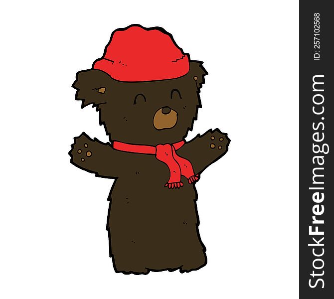 Cartooon Cute Black Bear In Hat And Scarf