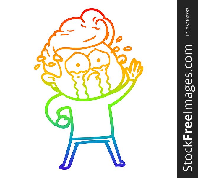 Rainbow Gradient Line Drawing Cartoon Crying Man Waving