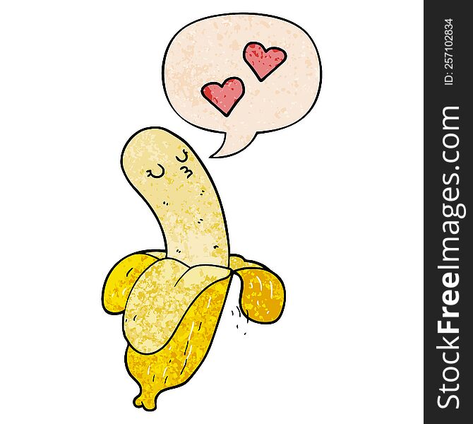 Cartoon Banana In Love And Speech Bubble In Retro Texture Style