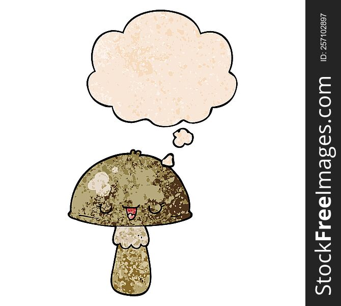 Cartoon Mushroom And Thought Bubble In Grunge Texture Pattern Style