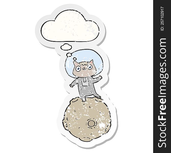cute cartoon astronaut cat with thought bubble as a distressed worn sticker