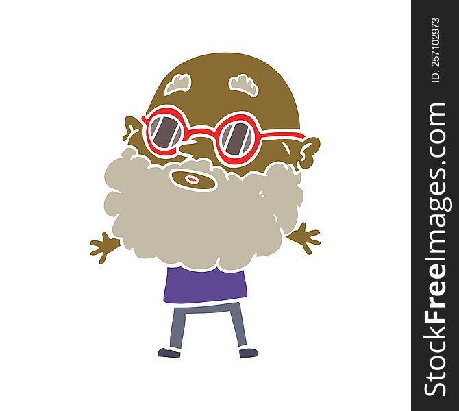 flat color style cartoon curious man with beard and sunglasses