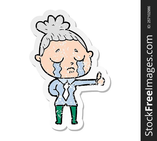 Distressed Sticker Of A Cartoon Crying Businesswoman