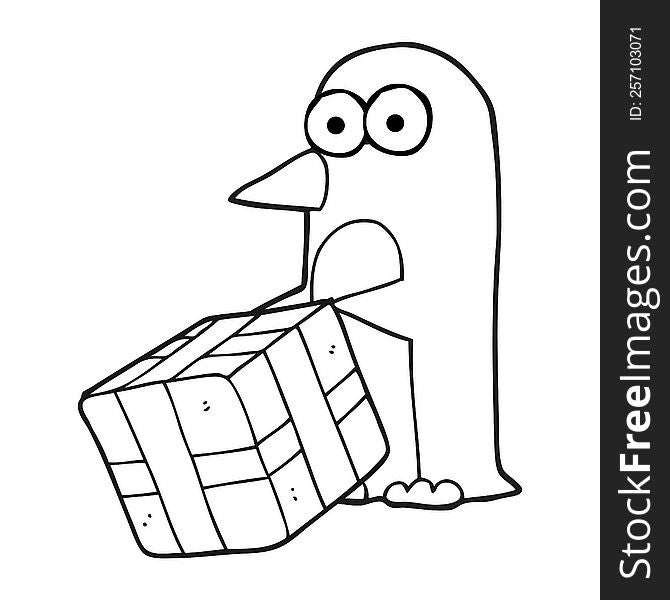 Black And White Cartoon Penguin With Christmas Present
