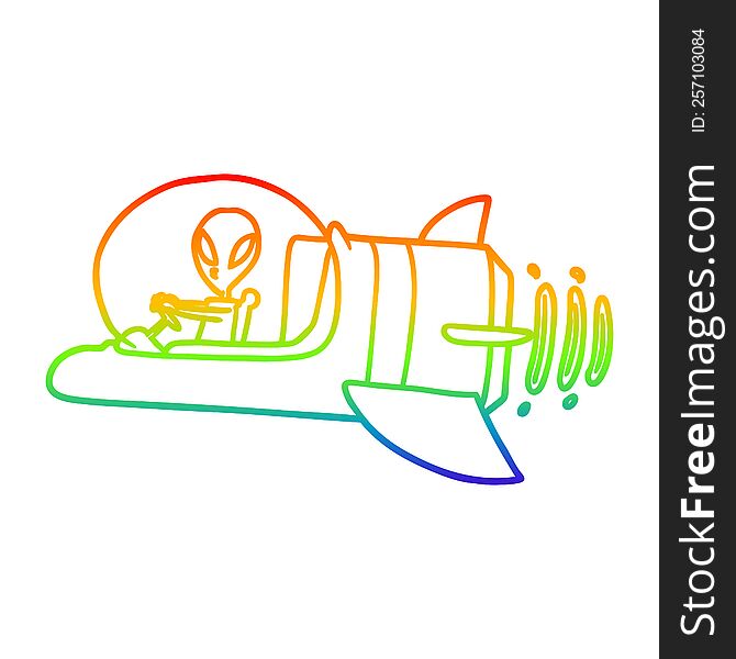 Rainbow Gradient Line Drawing Cartoon Alien Spacecraft