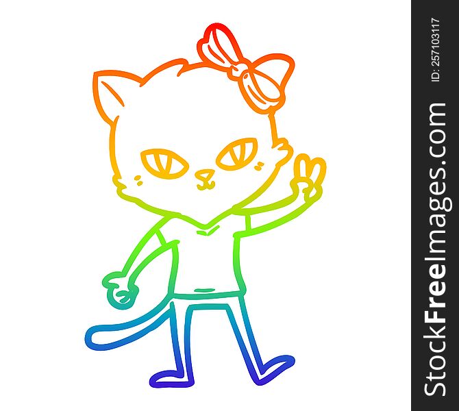 rainbow gradient line drawing of a cute cartoon cat girl giving peace sign