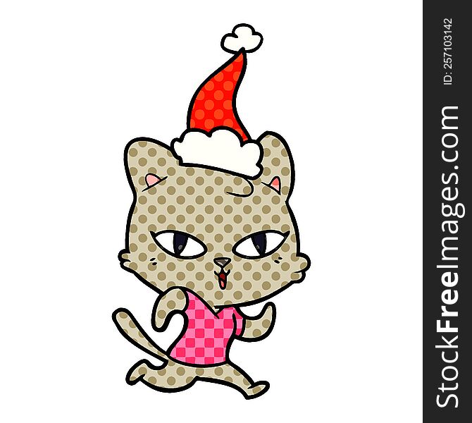 comic book style illustration of a cat out for a run wearing santa hat