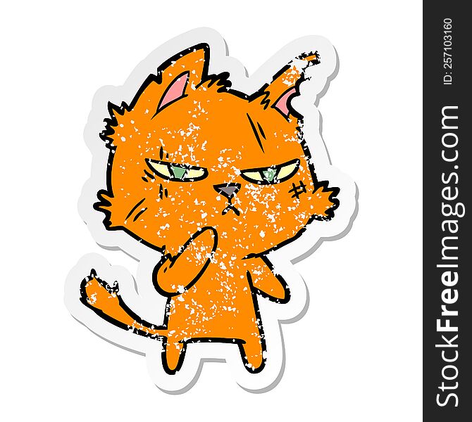 distressed sticker of a tough cartoon cat