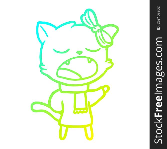 Cold Gradient Line Drawing Cartoon Cat In Winter Clothes