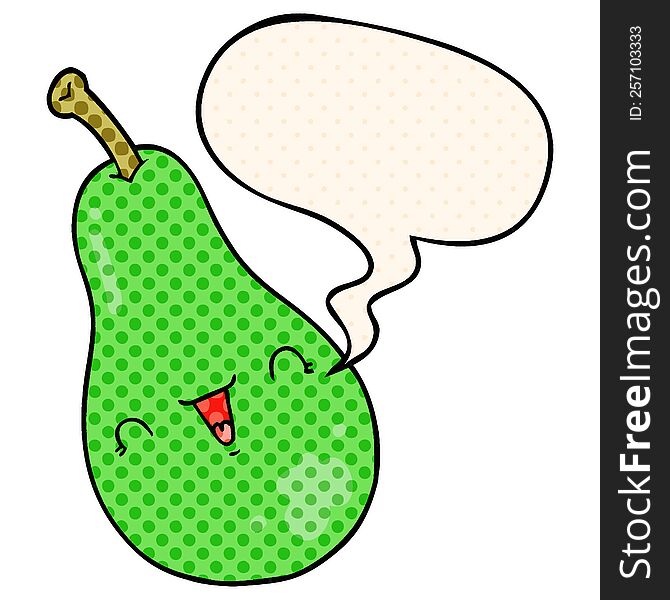 cartoon pear with speech bubble in comic book style