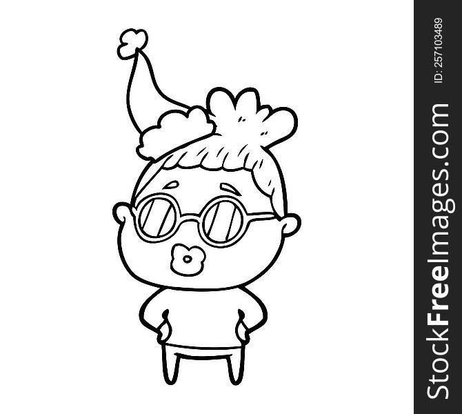 line drawing of a librarian woman wearing spectacles wearing santa hat