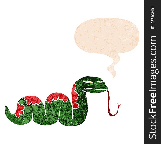 cartoon slithering snake and speech bubble in retro textured style