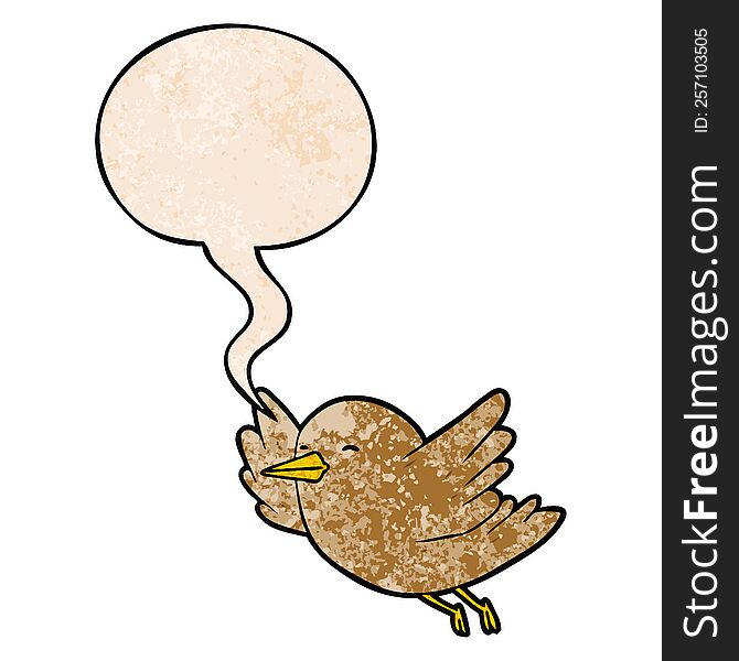 cartoon bird flying with speech bubble in retro texture style