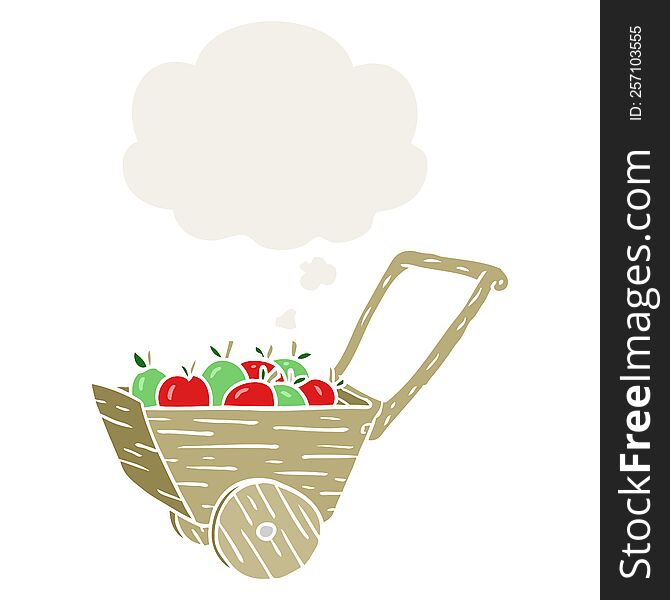 cartoon apple cart with thought bubble in retro style