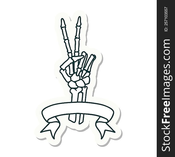 Tattoo Sticker With Banner Of A Skeleton Hand Giving A Peace Sign
