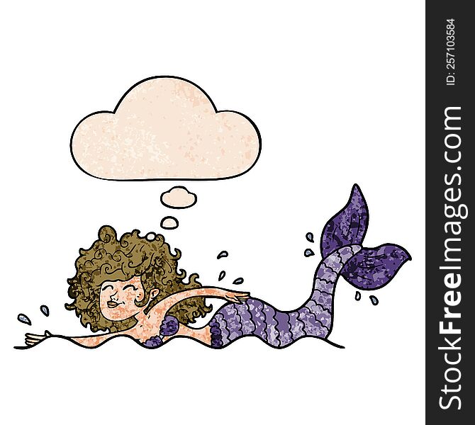 Cartoon Mermaid And Thought Bubble In Grunge Texture Pattern Style