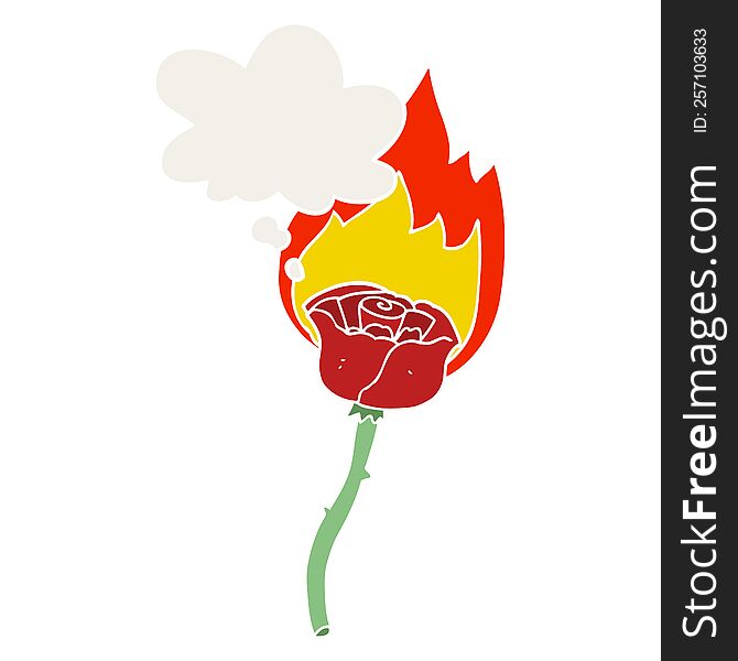 cartoon flaming rose with thought bubble in retro style