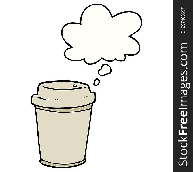 cartoon takeout coffee cup with thought bubble