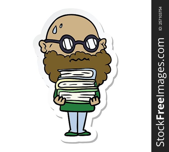 Sticker Of A Cartoon Worried Man With Beard And Stack Of Books