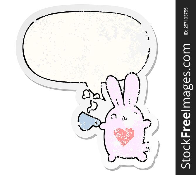 Cute Cartoon Rabbit And Love Heart And Coffee Cup And Speech Bubble Distressed Sticker