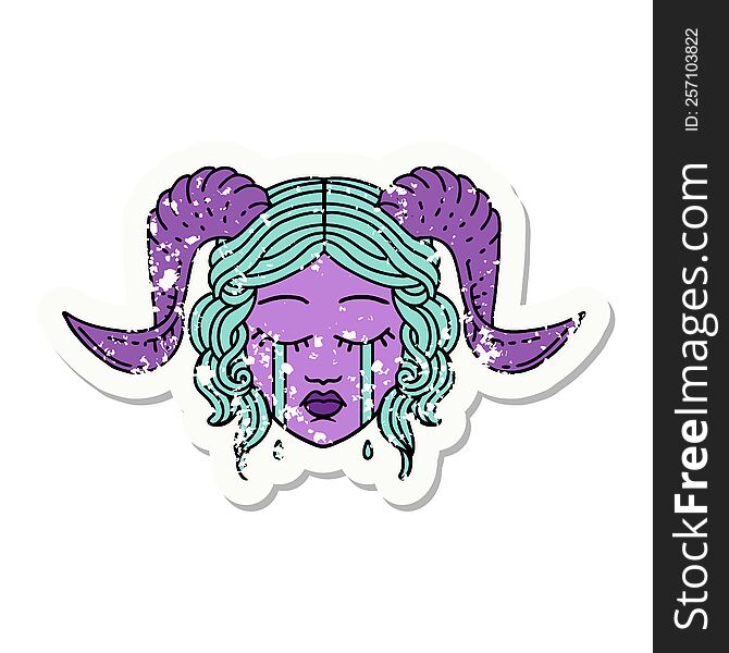 grunge sticker of a crying tiefling character face. grunge sticker of a crying tiefling character face