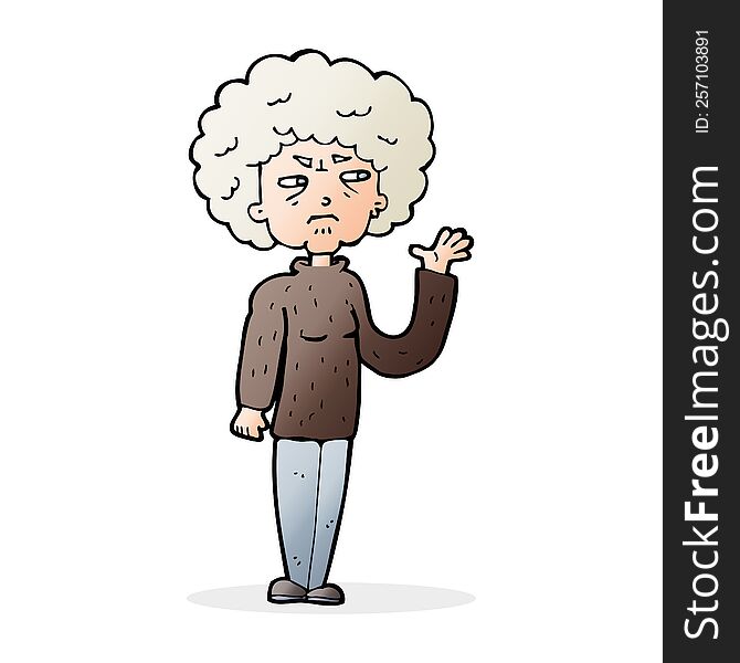 cartoon annoyed old woman waving