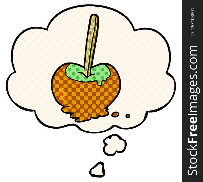 cartoon toffee apple with thought bubble in comic book style