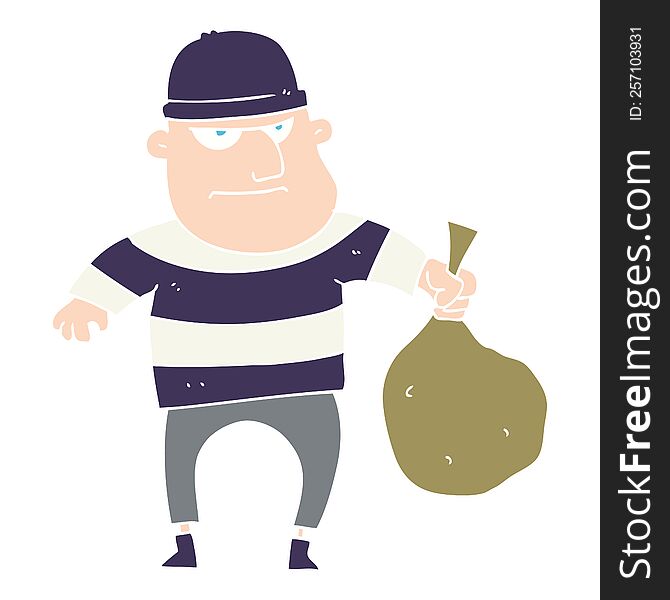 flat color illustration of burglar with loot bag. flat color illustration of burglar with loot bag