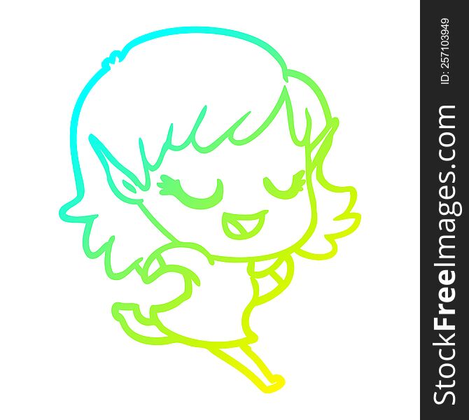 Cold Gradient Line Drawing Happy Cartoon Elf Girl Running