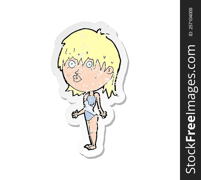 retro distressed sticker of a cartoon woman in swimsuit shrugging shoulders