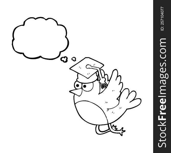 freehand drawn thought bubble cartoon bird wearing graduation cap