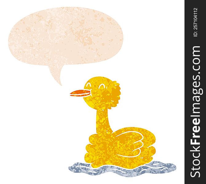 cartoon duck with speech bubble in grunge distressed retro textured style. cartoon duck with speech bubble in grunge distressed retro textured style