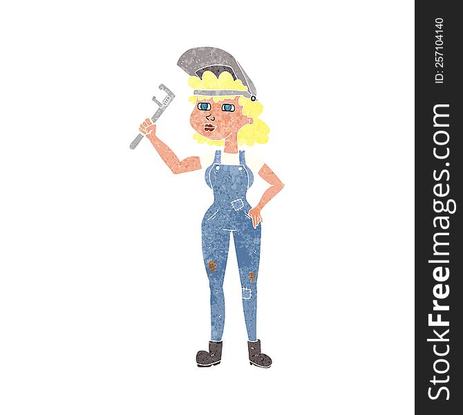 freehand retro cartoon capable woman with wrench